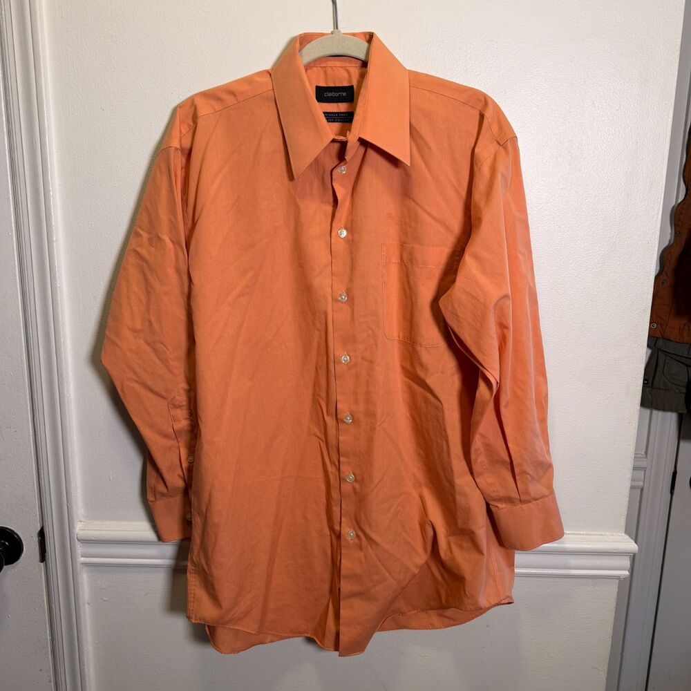 Claiborne Mens L 16 32/33 Orange Dress Shirt Wrinkle Free Cotton Relief Collar